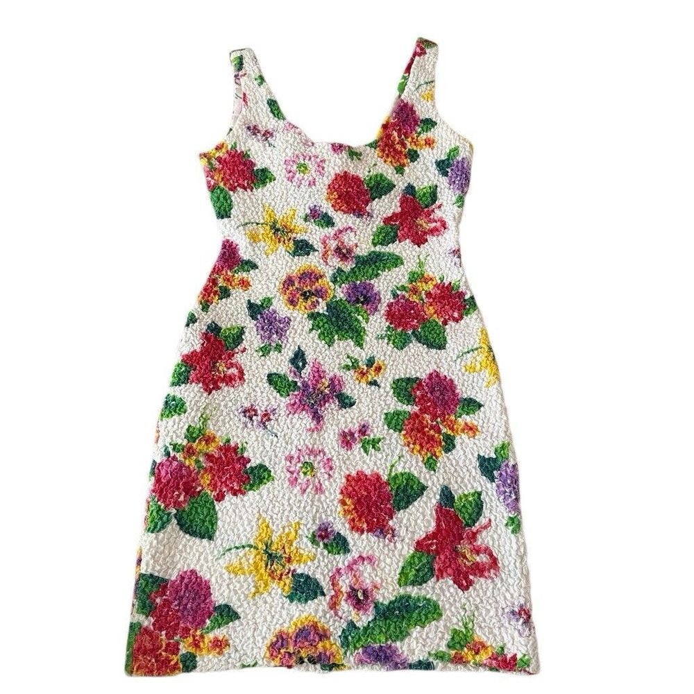 Vintage Expo Floral Bodycon Stretch Crinkle Texture Mini Dress Size 4 Hawaii